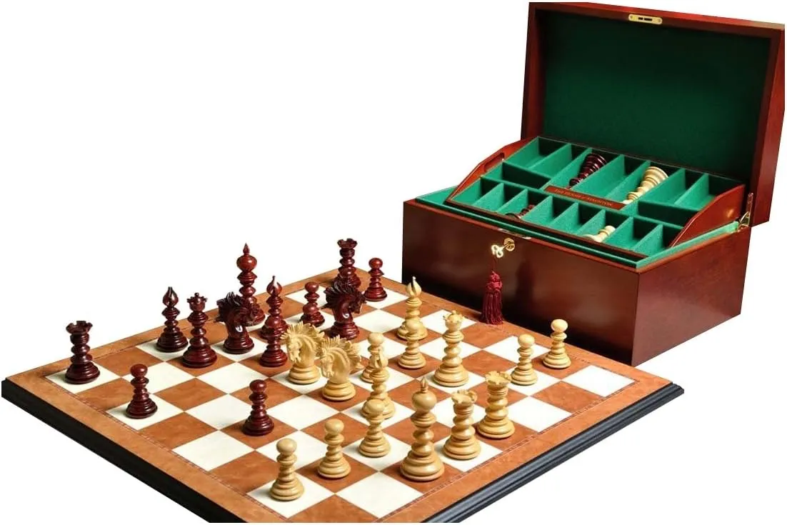 The House of Staunton The Savano Series Luxury Chess Set, Box, and Board Combination (Blood Rosewood and Natural Boxwood)