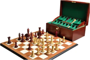 The House of Staunton The Savano Series Luxury Chess Set, Box, and Board Combination (Blood Rosewood and Natural Boxwood)