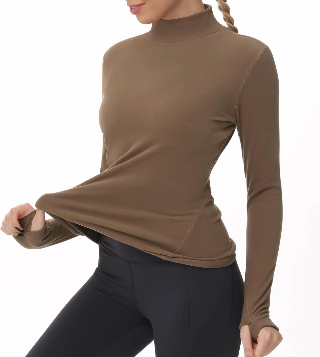THE GYM PEOPLE Women's Mock Turtleneck Long Sleeve Shirts Fleece Thermal Underwear Pullover Tops with Thumb Hole