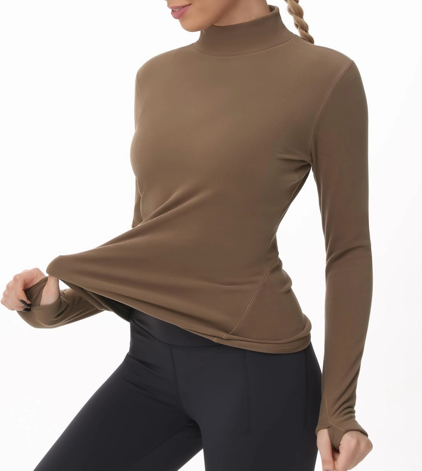 THE GYM PEOPLE Women's Mock Turtleneck Long Sleeve Shirts Fleece Thermal Underwear Pullover Tops with Thumb Hole