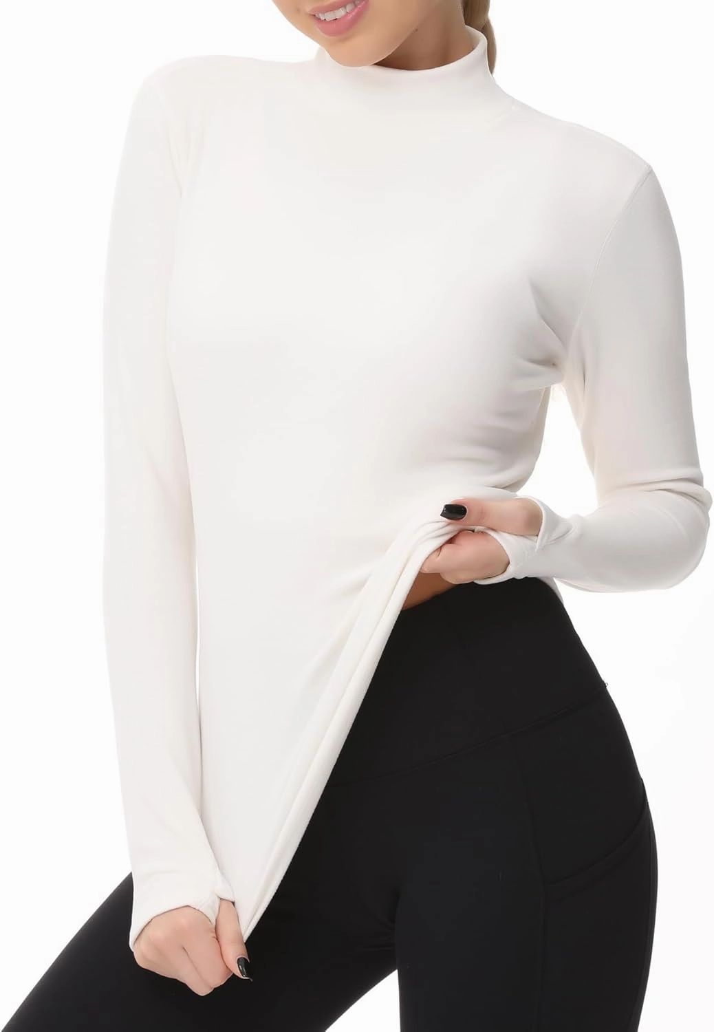 THE GYM PEOPLE Women's Mock Turtleneck Long Sleeve Shirts Fleece Thermal Underwear Pullover Tops with Thumb Hole