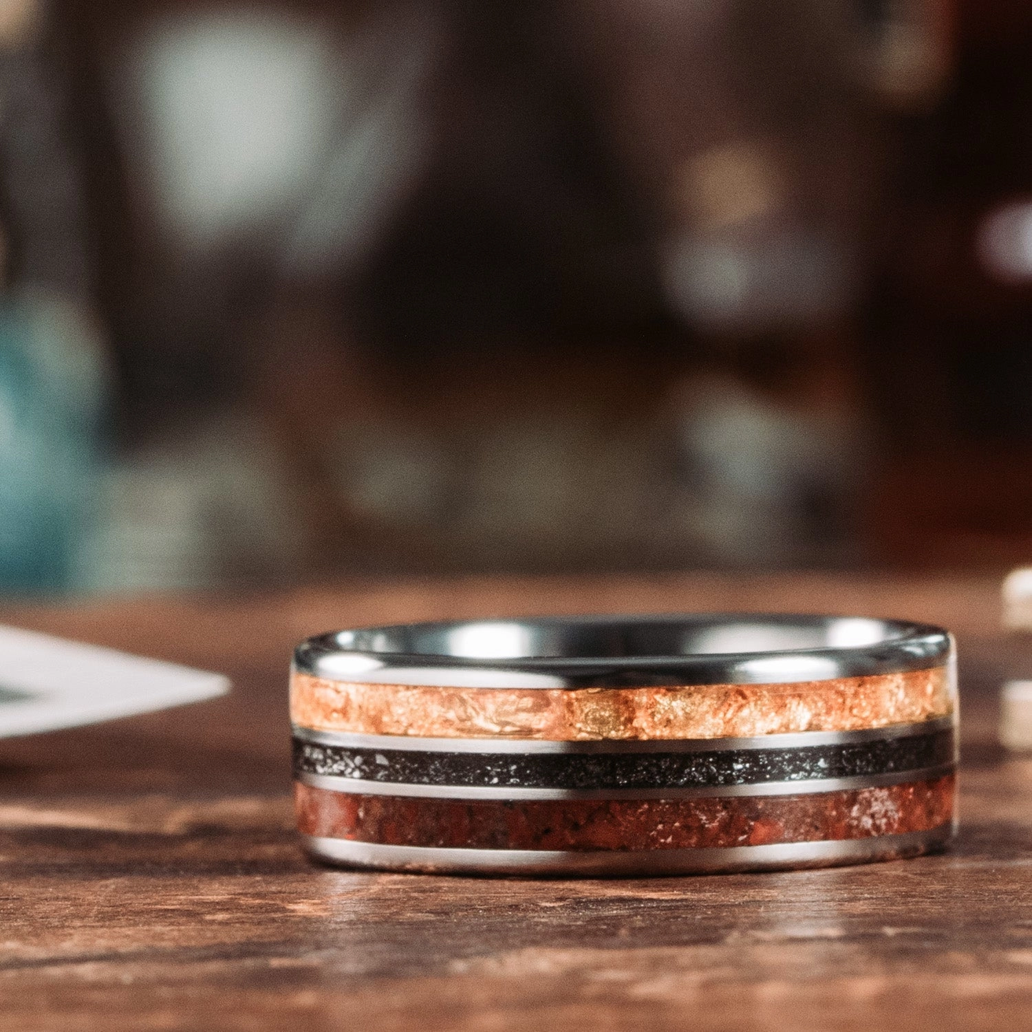 The Jurassic | Men's Titanium Wedding Band with Dinosaur Bone, Meteorite & Fossilized Amber