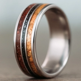 The Jurassic | Men's Titanium Wedding Band with Dinosaur Bone, Meteorite & Fossilized Amber