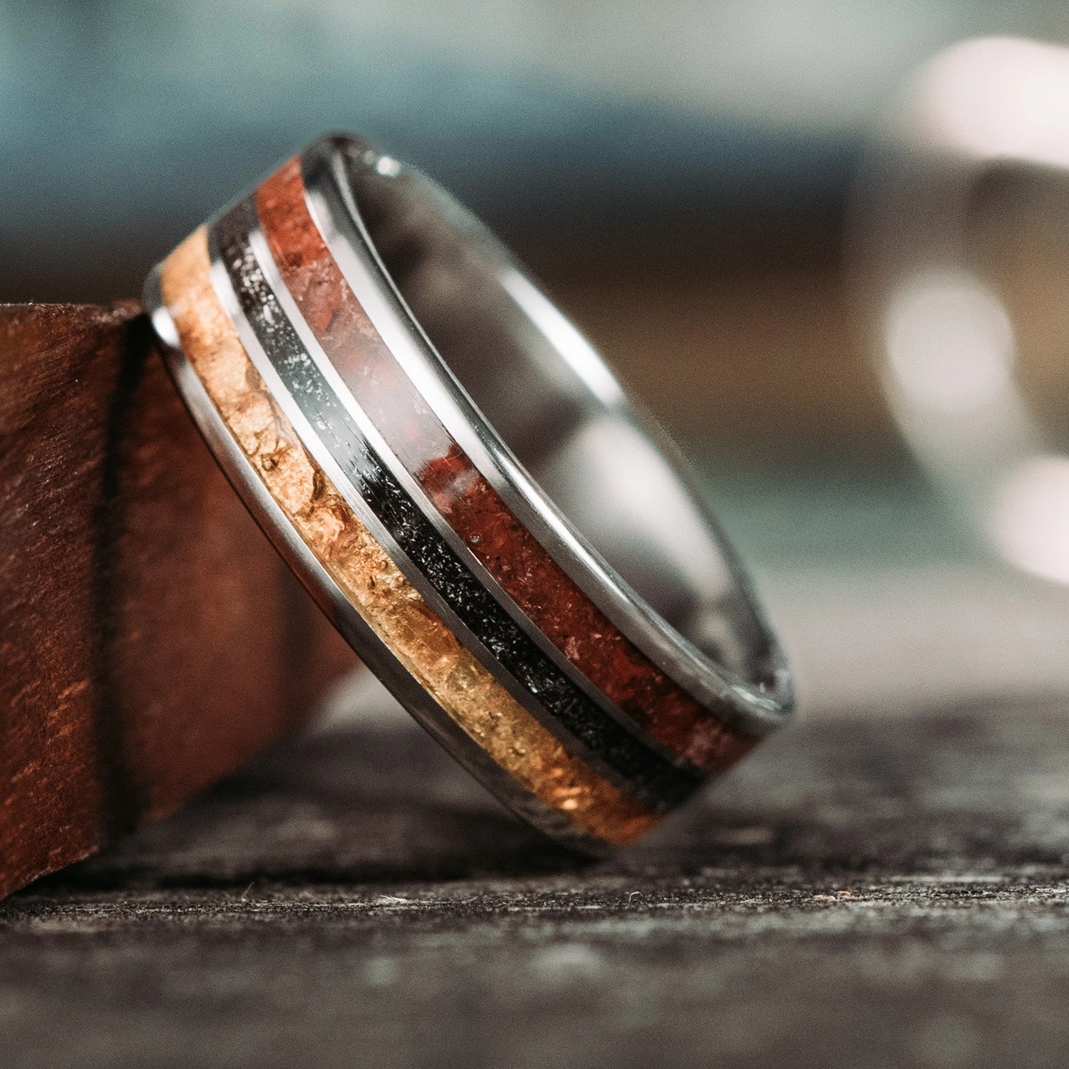 The Jurassic | Men's Titanium Wedding Band with Dinosaur Bone, Meteorite & Fossilized Amber
