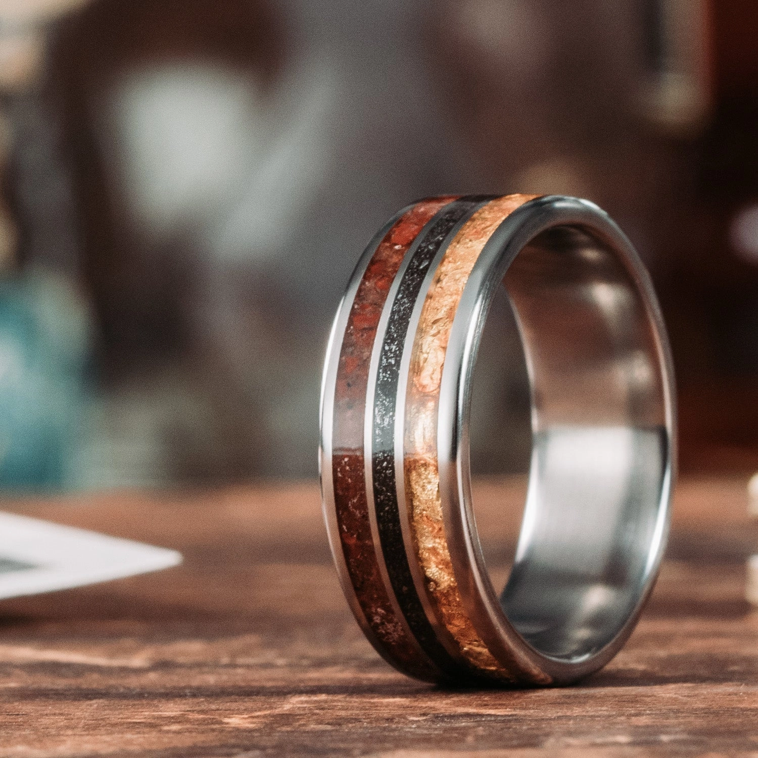 The Jurassic | Men's Titanium Wedding Band with Dinosaur Bone, Meteorite & Fossilized Amber