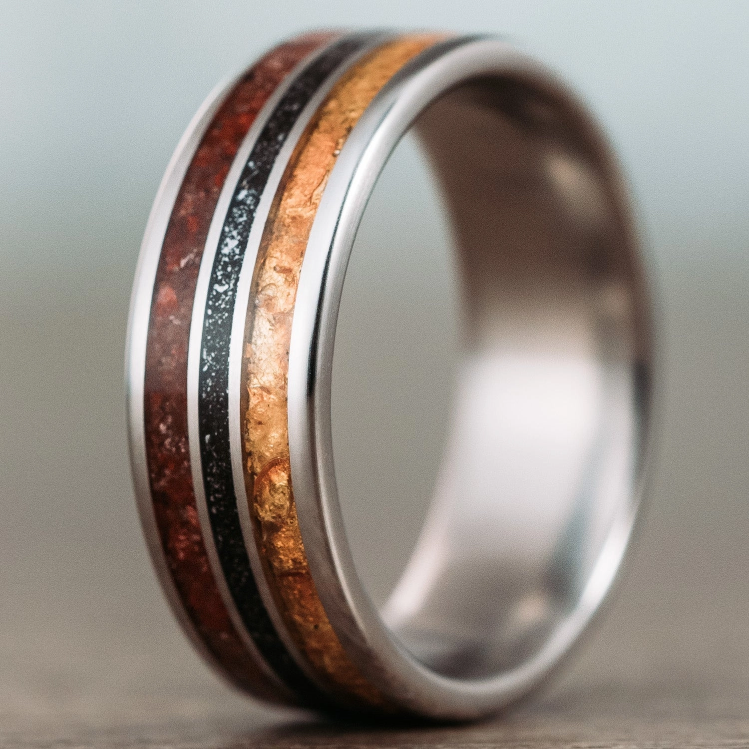 The Jurassic | Men's Titanium Wedding Band with Dinosaur Bone, Meteorite & Fossilized Amber