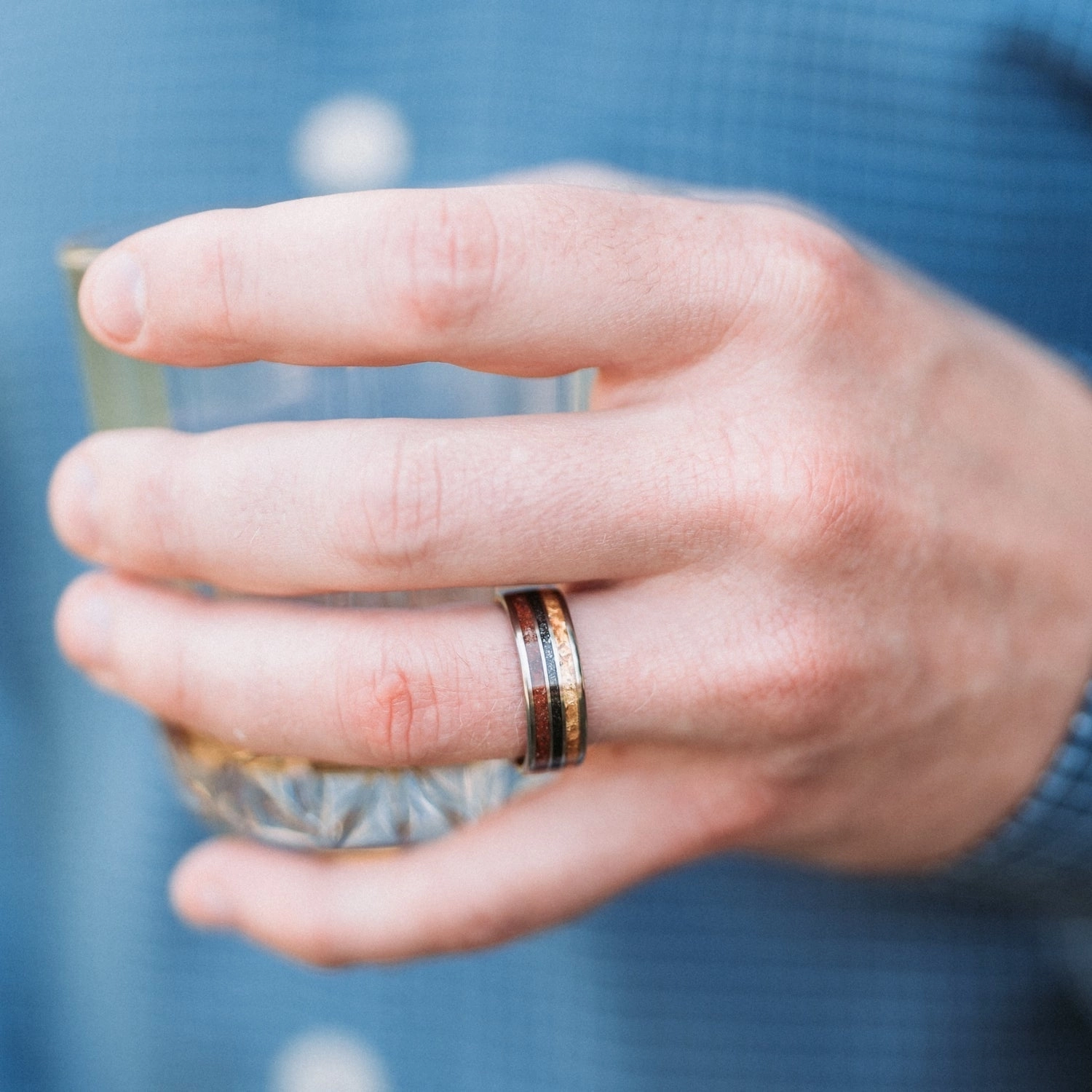 The Jurassic | Men's Titanium Wedding Band with Dinosaur Bone, Meteorite & Fossilized Amber