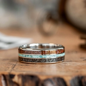 The Solstice | Men's Gold Wedding Band with Meteorite, Dinosaur Bone & Turquoise