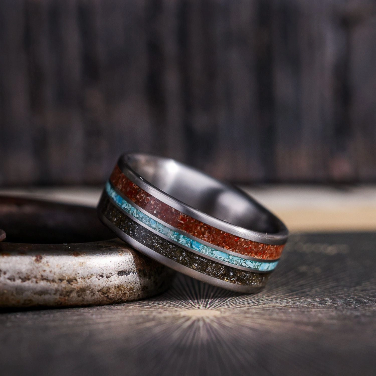 The Solstice | Men's Titanium Wedding Band with Dinosaur Bone, Meteorite & Natural Turquoise
