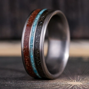 The Solstice | Men's Titanium Wedding Band with Dinosaur Bone, Meteorite & Natural Turquoise
