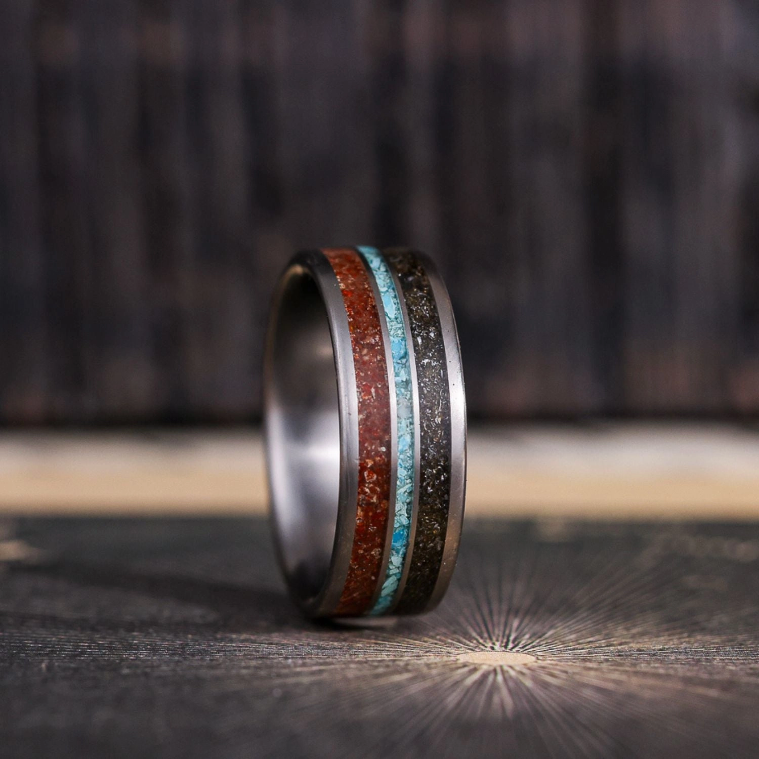 The Solstice | Men's Titanium Wedding Band with Dinosaur Bone, Meteorite & Natural Turquoise