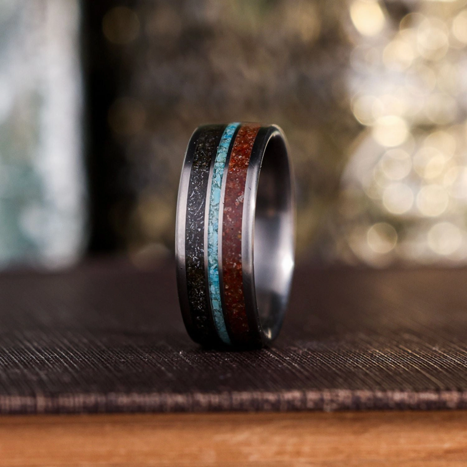 The Solstice | Men's Titanium Wedding Band with Dinosaur Bone, Meteorite & Natural Turquoise