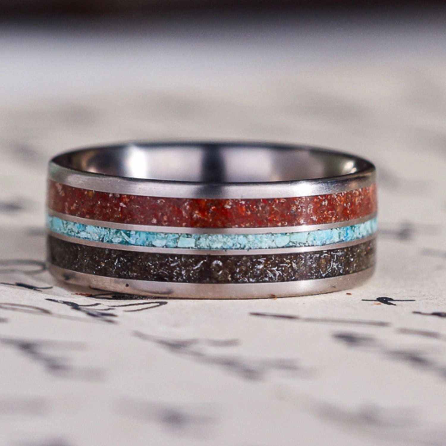 The Solstice | Men's Titanium Wedding Band with Dinosaur Bone, Meteorite & Natural Turquoise