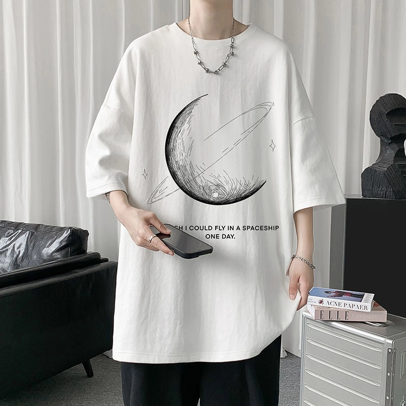 themeisles Simple Stroke Moon Graphic Men Tshirt Oversize Letter Print Short Sleeve T-shirt Cotton Male Streetwear Unisex Basic Tops