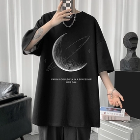 themeisles Simple Stroke Moon Graphic Men Tshirt Oversize Letter Print Short Sleeve T-shirt Cotton Male Streetwear Unisex Basic Tops