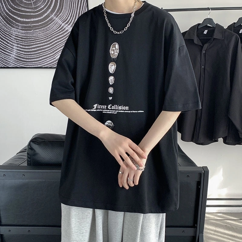 themeisles Simple Stroke Moon Graphic Men Tshirt Oversize Letter Print Short Sleeve T-shirt Cotton Male Streetwear Unisex Basic Tops