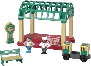 Thomas & Friends Wooden Toy Knapford Train Station Playset with Figures & Passenger Coach for Preschool Pretend Play Kids Ages 3  Years