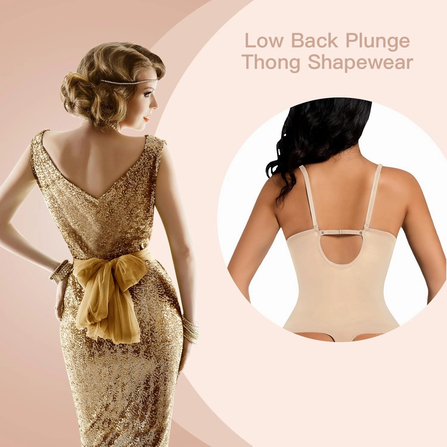 Thong Shapewear for Women Tummy Control Low Back U Plunge Backless Body Shaper Bra Faja with Open Crotch Bodysuit