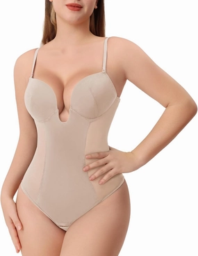 Thong Shapewear for Women Tummy Control Low Back U Plunge Backless Body Shaper Bra Faja with Open Crotch Bodysuit