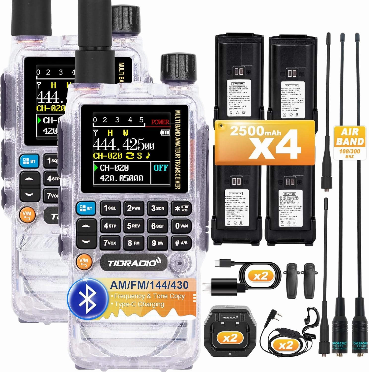 TIDRADIO TD-H3 GMRS Radio,Type C & Wireless Programming(4 Batteries)，8-Band Long Range Walkie Talkies Rechargeable Handheld Full-Featured 2 Way Radios, Full Kit Crystal