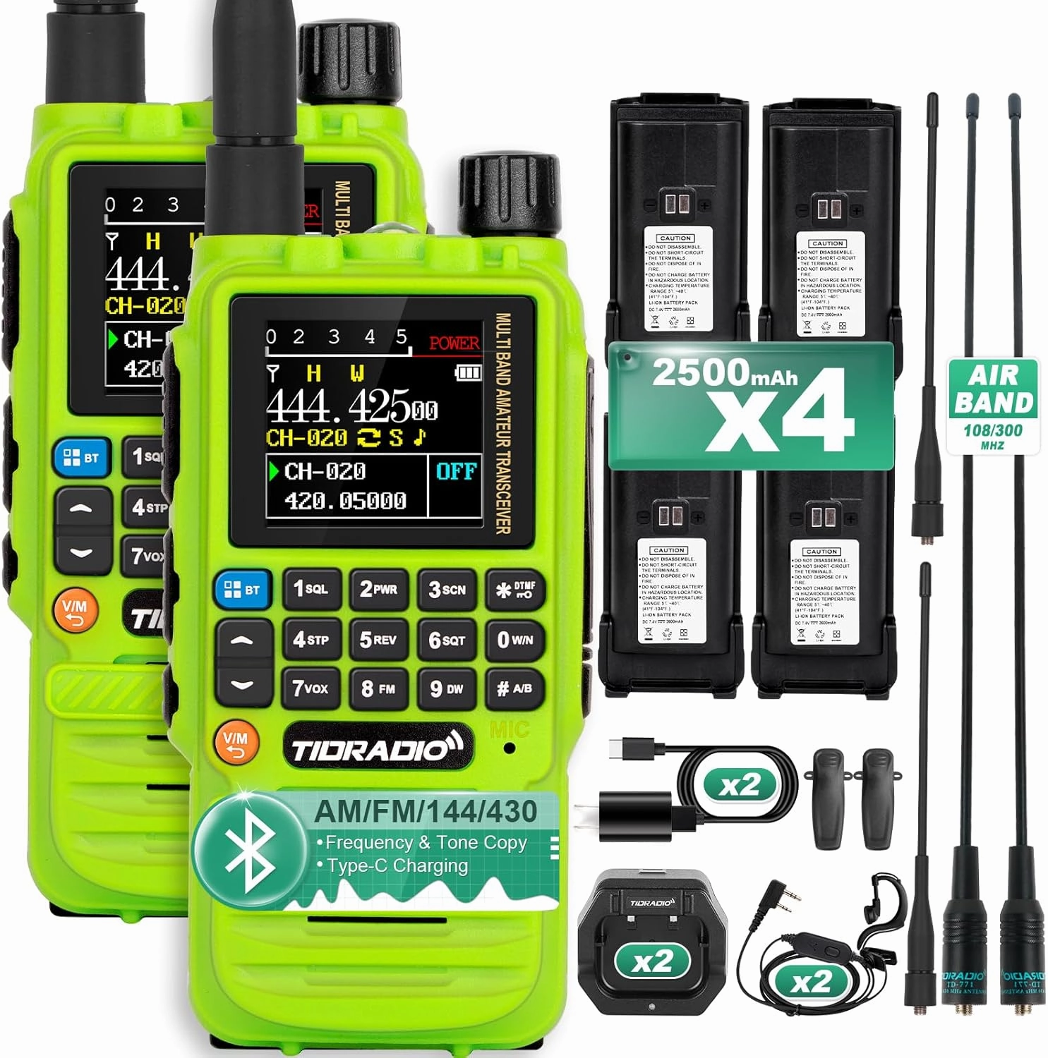 TIDRADIO TD-H3 GMRS Radio,Type C & Wireless Programming(4pcs Batteries)，8-Band Long Range Walkie Talkies Rechargeable Handheld Full-Featured 2 Way Radios, Full Kit (Green)