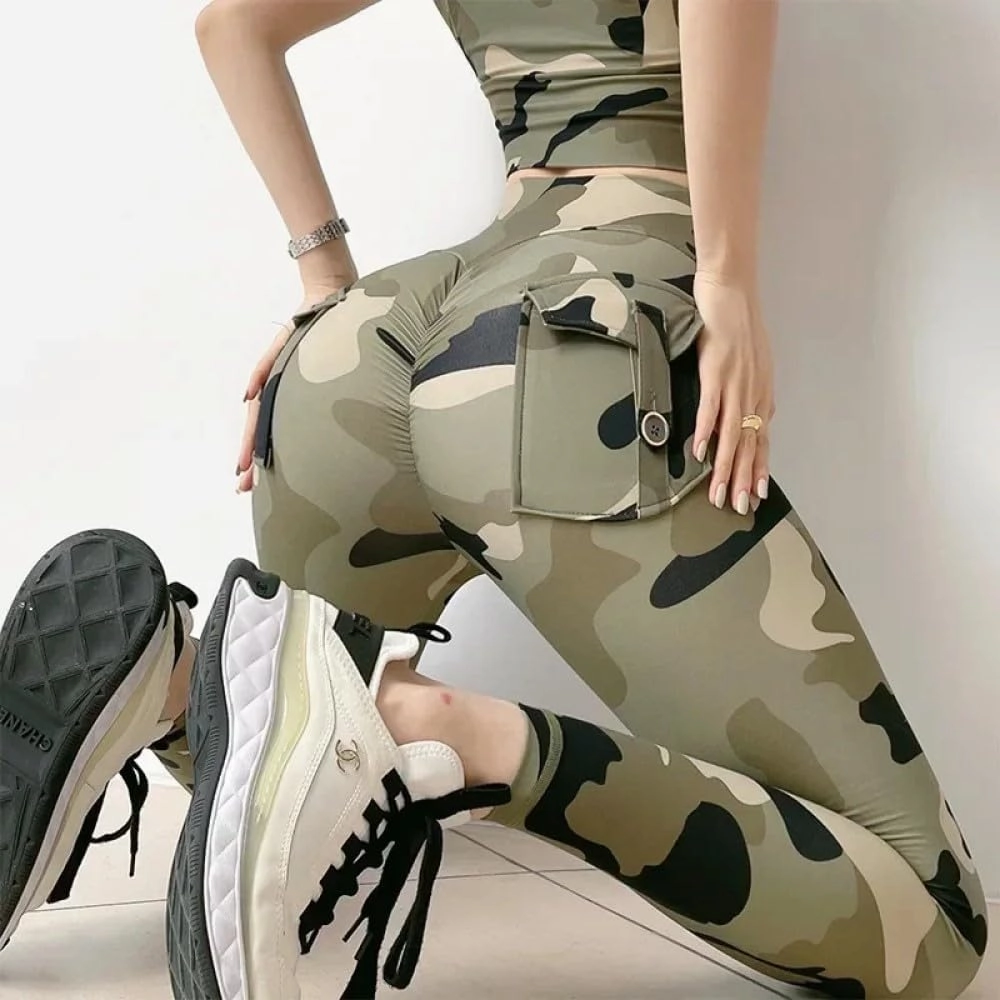 Tojump Thick High Waist Yoga Pants with Pockets, Tummy Control Workout Running Yoga Leggings for Women Army Green Camo