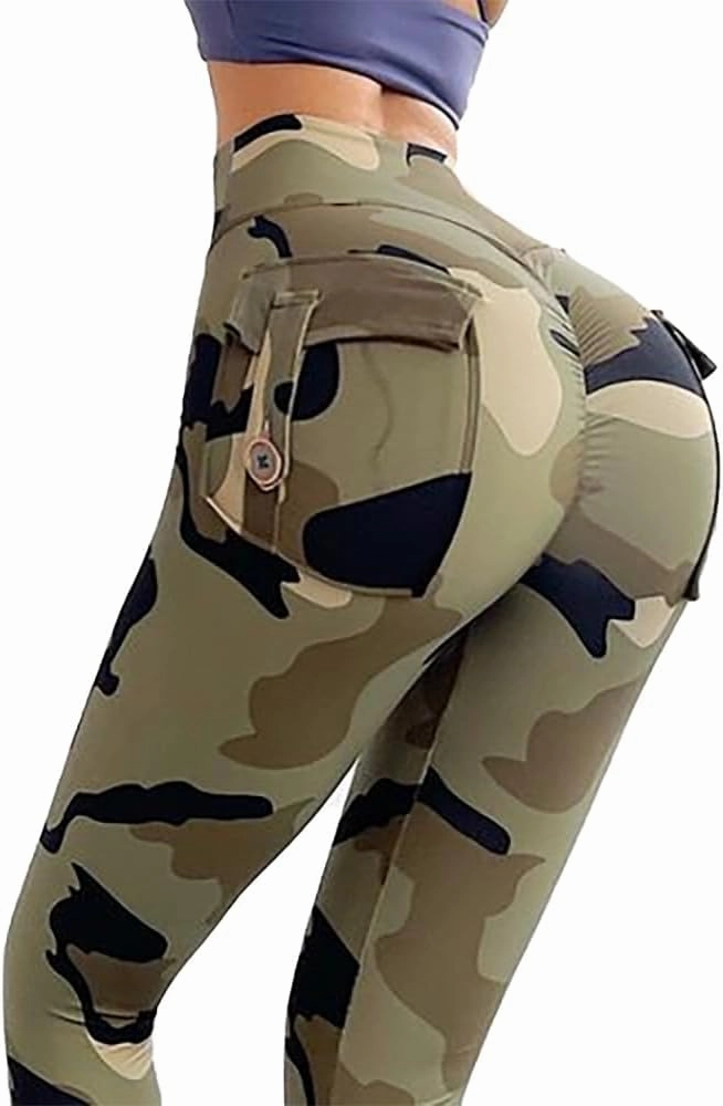 Tojump Thick High Waist Yoga Pants with Pockets, Tummy Control Workout Running Yoga Leggings for Women Army Green Camo