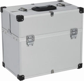 Tool Case with 6 Extendable Trays, Lockable Design, Convenient Handle, Silver Aluminum Finish, Portable Storage Solution