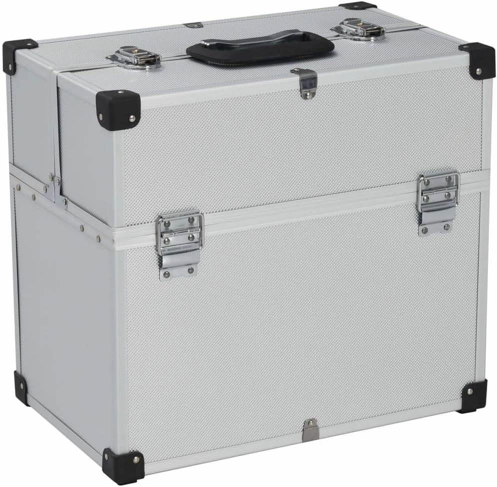 Tool Case with 6 Extendable Trays, Lockable Design, Convenient Handle, Silver Aluminum Finish, Portable Storage Solution