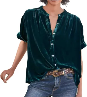 Tops for Women Lapel V Neck Solid Shirt Summer Velvet Tee Shirts Casual Roll Up Short Sleeve Button Down Blouses