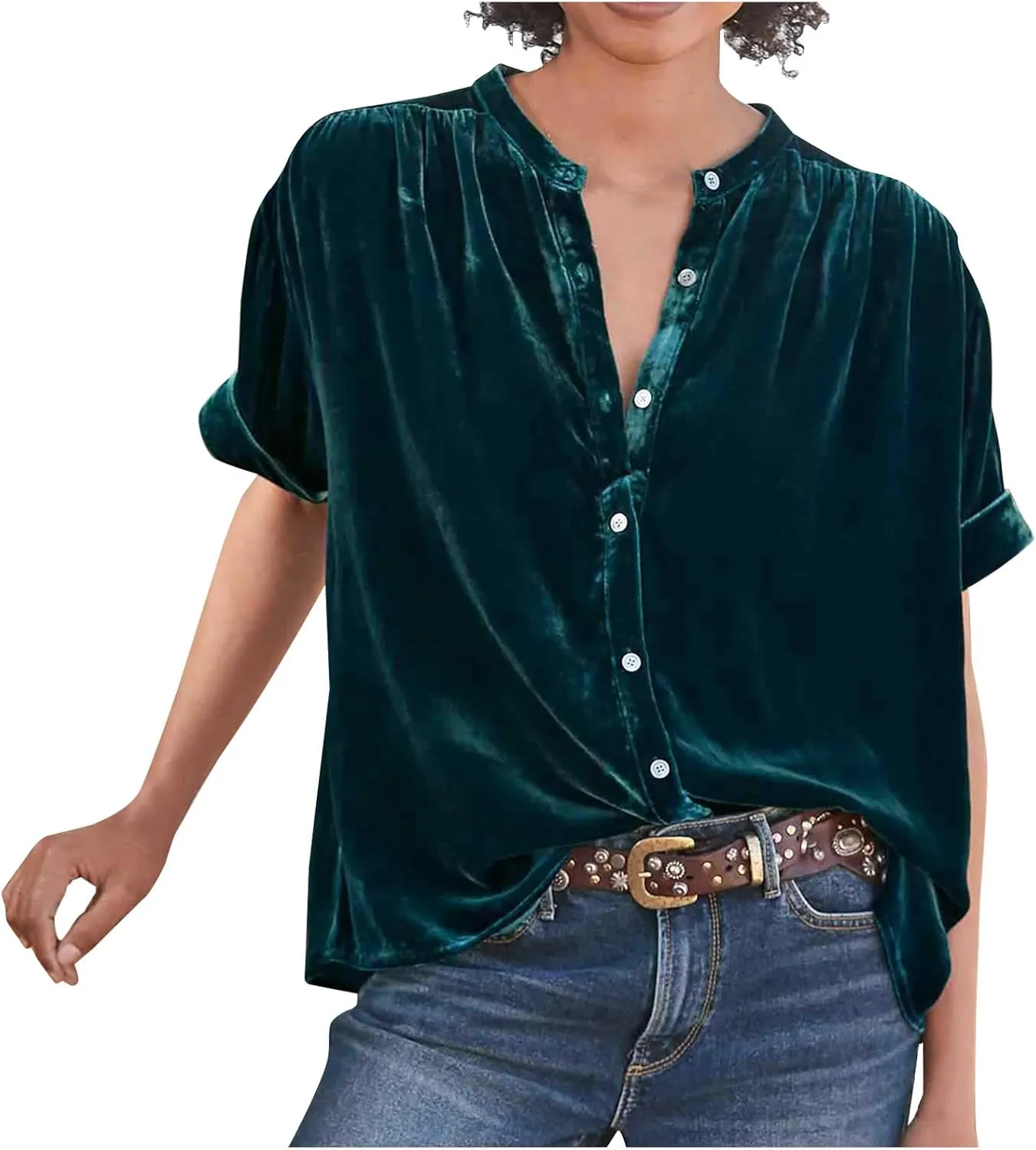 Tops for Women Lapel V Neck Solid Shirt Summer Velvet Tee Shirts Casual Roll Up Short Sleeve Button Down Blouses