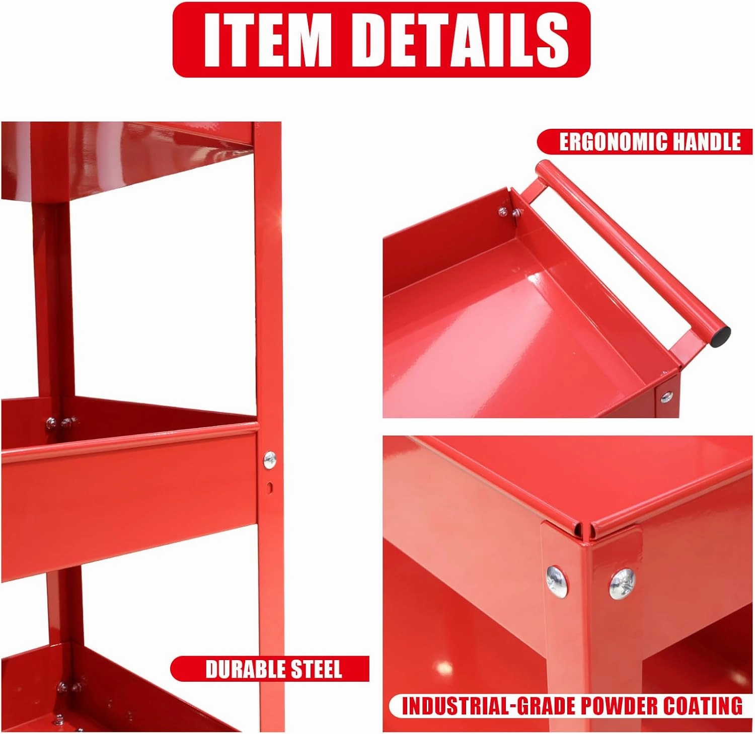 Torin APTC302B Steel Tool Service Push Cart with 3 Shelves and 200 lb Capacity, Red