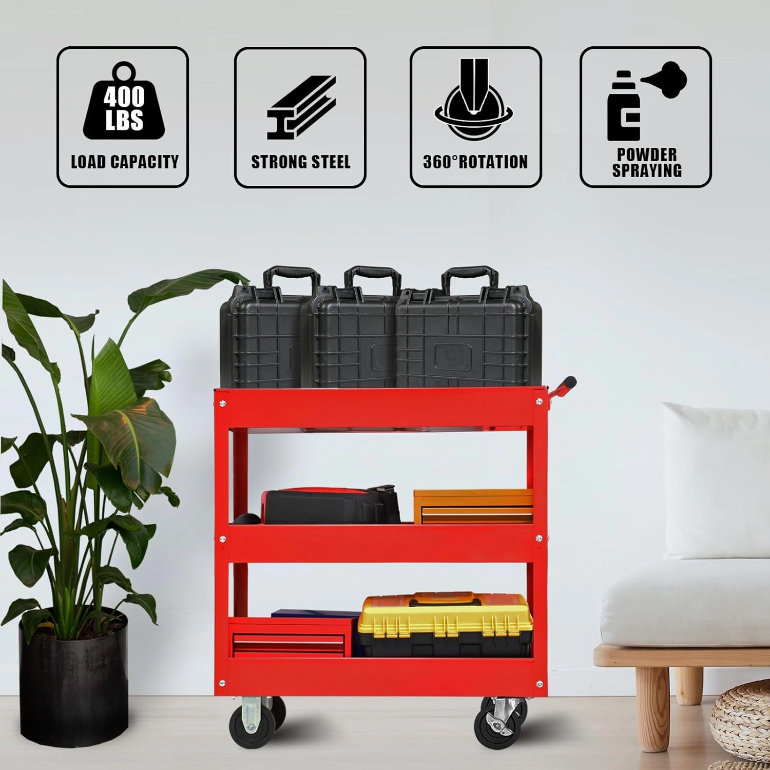 Torin APTC302B Steel Tool Service Push Cart with 3 Shelves and 200 lb Capacity, Red