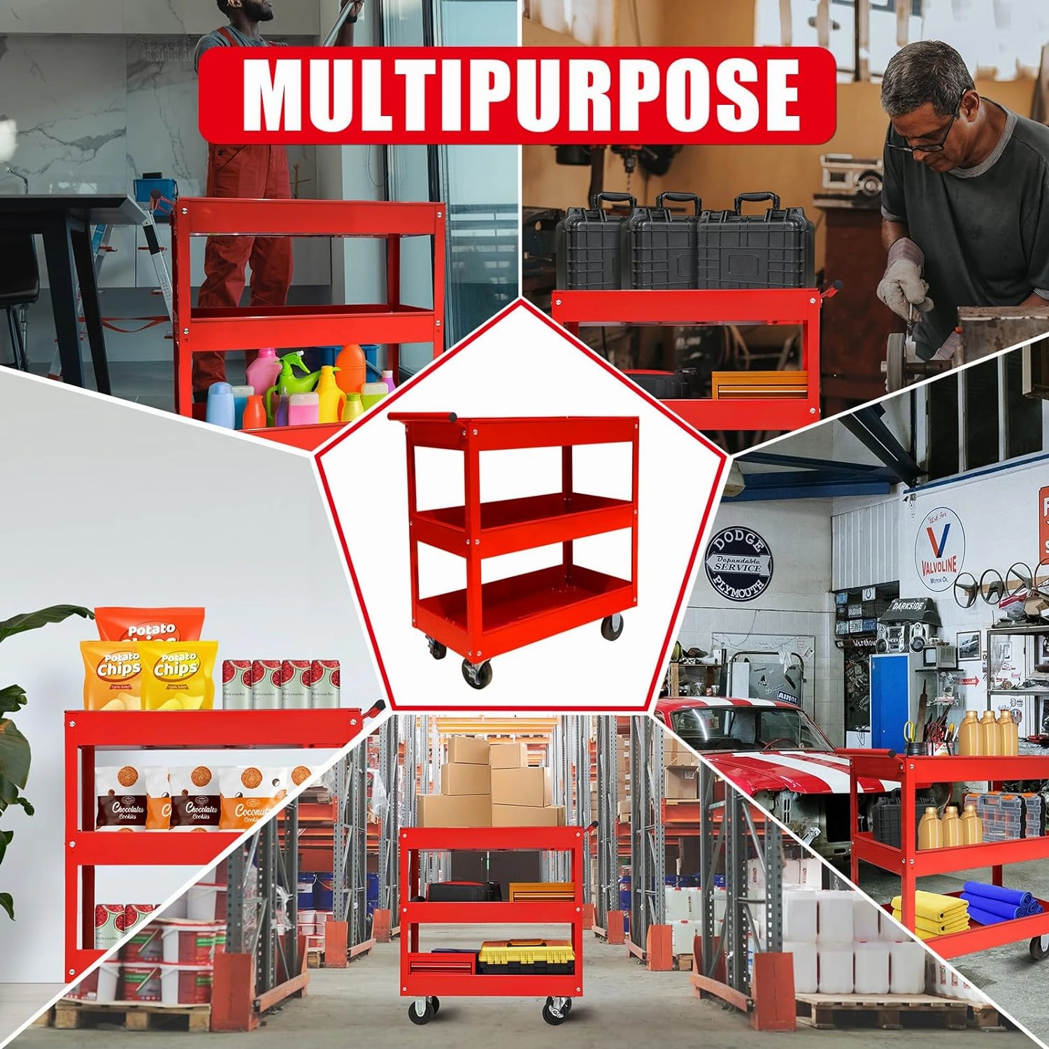 Torin APTC302B Steel Tool Service Push Cart with 3 Shelves and 200 lb Capacity, Red