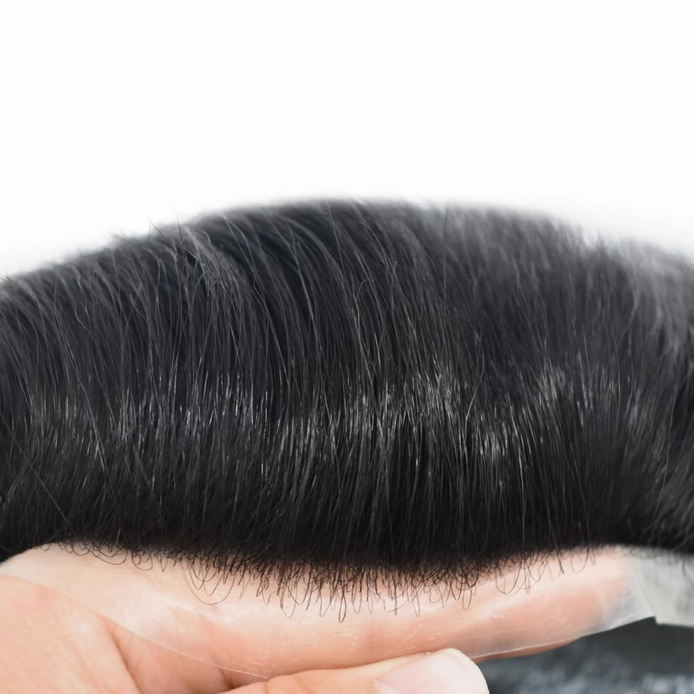 Toupee For Men Real Human Hair Men Toupee Hair Pieces For Men Thin Skin V-Looped Hair System For Men Natural Hairline Male Hair Prosthesis 8"x10"-90% Density, #1B OFF BLACK