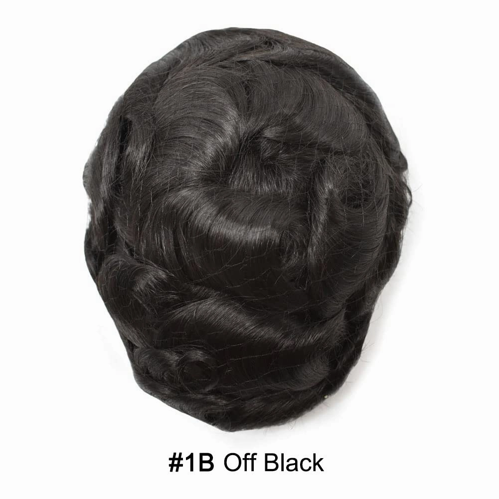 Toupee For Men Real Human Hair Men Toupee Hair Pieces For Men Thin Skin V-Looped Hair System For Men Natural Hairline Male Hair Prosthesis 8"x10"-90% Density, #1B OFF BLACK