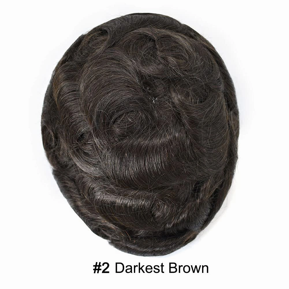 Toupee For Men Real Human Hair Men Toupee Hair Pieces For Men Thin Skin V-Looped Hair System For Men Natural Hairline Male Hair Prosthesis 8"x10"-90% Density, #2 DARKEST BROWN