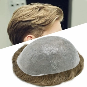 Toupee For Men Real Human Hair Men Toupee Hair Pieces For Men Thin Skin V-Looped Hair System For Men Natural Hairline Male Hair Prosthesis (8"x10"-90% Light to light medium density, #18 MEDIUM BLONDE)