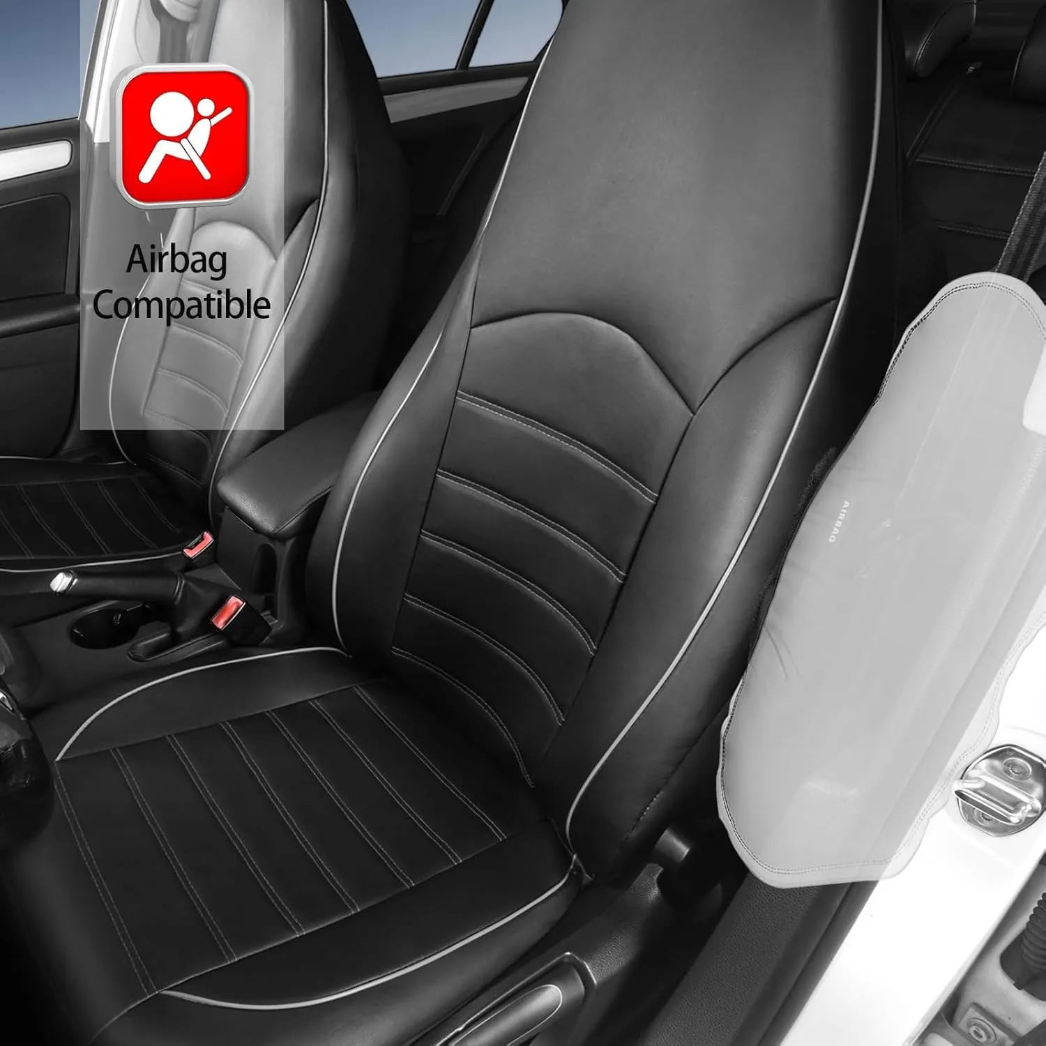 TOYOUN Classic Universal PU Leather Car Seat Covers Full Set Fit Most Cars Trucks SUVS or Vans Gray High Back Front Bucket and Rear Auto Seat Covers Set Car Seat Protector