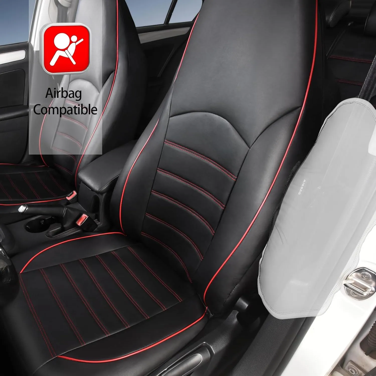 TOYOUN Classic Universal PU Leather Car Seat Covers Full Set Fit Most Cars Trucks SUVS or Vans Red High Back Front Bucket and Rear Auto Seat Covers Set Car Seat Protector