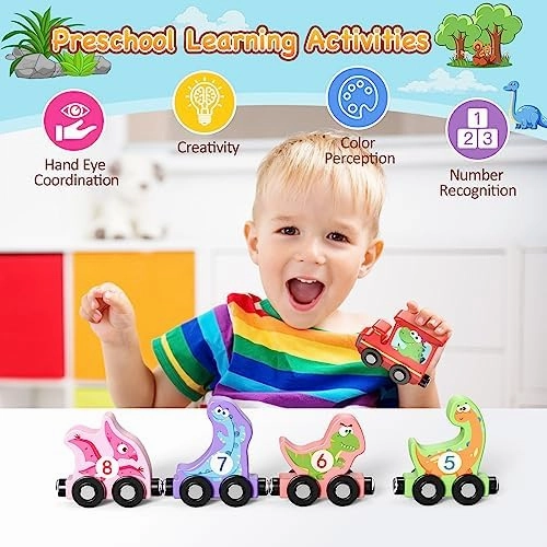 Toys for Toddlers, 11 Magnetic Wooden Dinosaur Train Set, Montessori Toys for Toddlers, Preschool Educational Material for Kids, Birthday Gifts for Boys, Girls