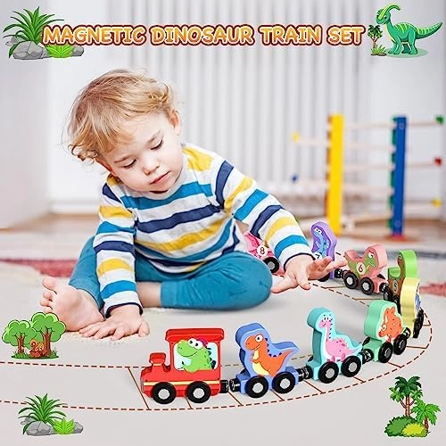 Toys for Toddlers, 11 Magnetic Wooden Dinosaur Train Set, Montessori Toys for Toddlers, Preschool Educational Material for Kids, Birthday Gifts for Boys, Girls