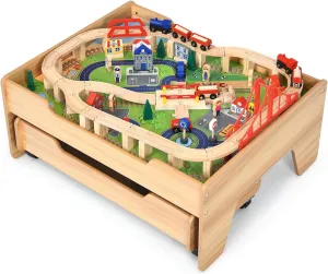 Train Table, 100 Pieces Kids Activity Table w/Storage Drawer & Removable Tabletop, DIY Design Multicolor Railway Tracks Cars City, Wooden Train Set for Toddlers Aged 3 , Gift for Boys Girls