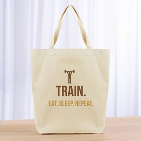 Train Eat Sleep Repeat Tote Bag - brown yellow orange