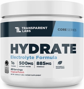 Transparent Labs Hydrate Naturally Sweetened Electrolytes Powder - Hydration Powder Electrolytes with Coconut Water, Calcium, Taurine, & Potassium - 40 Servings, Tropical Punch