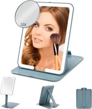 Travel Size Mirror with Lights and Removable 10X Magnification mirror,Rechargeable Compact Mirror Large with Angle and Height Adjusting Stand,Portable LED Mirror with 3 Light Colors & Stepless Dimming