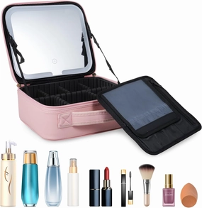 Travel Makeup Bag with Adjustable LED Lighted Mirror 3 Color Brightness Settings Waterproof Cosmetic Train Case with Adjustable Dividers Portable Cosmetic Case,Pink