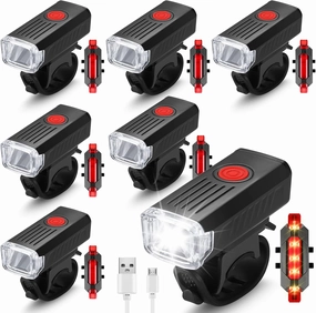 Treela 6 Sets Bike Lights Front and Back Bicycle Waterproof USB Rechargeable Front Headlight Back Taillight Bright 1200 Lumen Bike Light for Night Riding for Women Men Mountain Road Cycling (Round)
