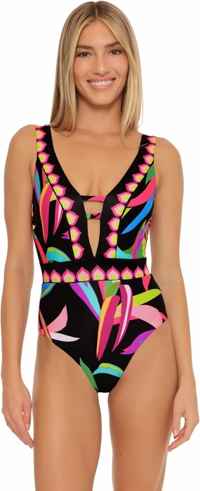 Trina Turk Women's Standard Birds of Paradise Plunge One Piece Swimsuit, Floral Print, Bathing Suits