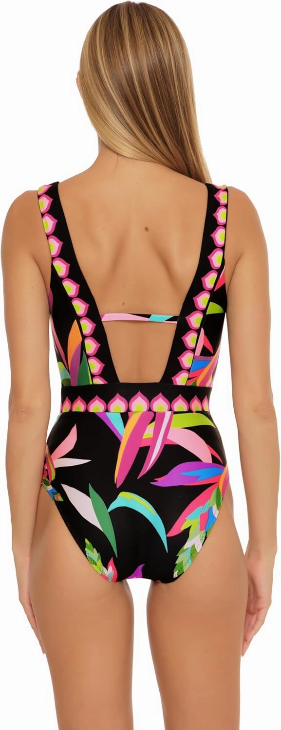 Trina Turk Women's Standard Birds of Paradise Plunge One Piece Swimsuit, Floral Print, Bathing Suits